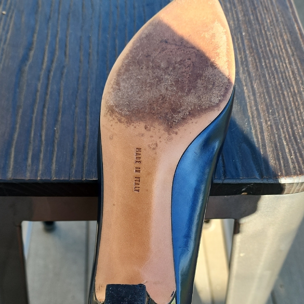 (8.5 AA) Salvatore Ferragamo Navy Blue Silver Mirrored Heels Shimmery Luxury - Picture 12 of 14